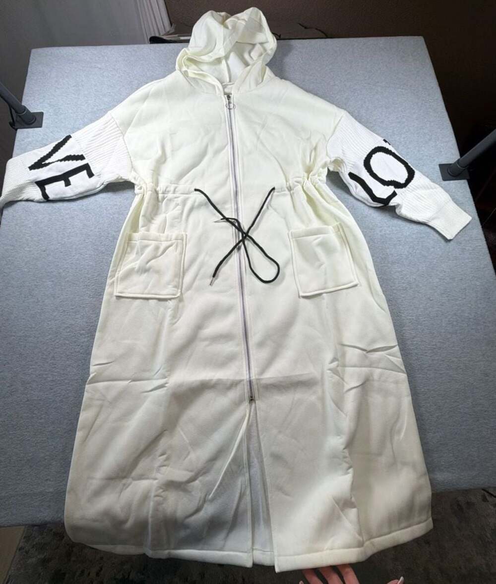 Women's Long Sleeve Zip-Up Hooded Trench Jacket with Letter Patchwork Sleeves - Picture 2 of 11